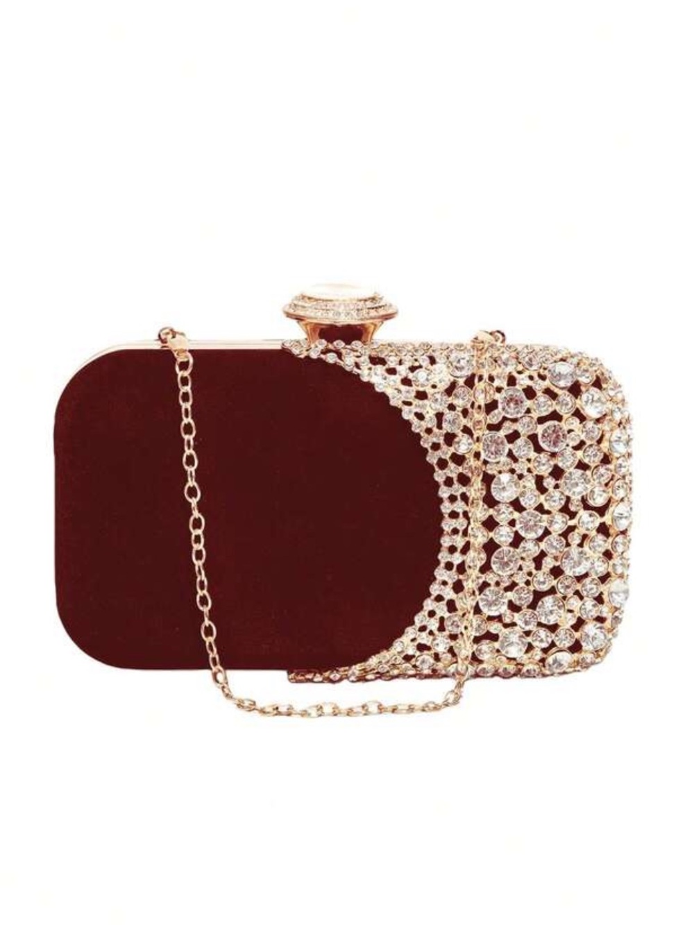 Elegant Burgundy Crystal Evening Clutch with Gold Chain